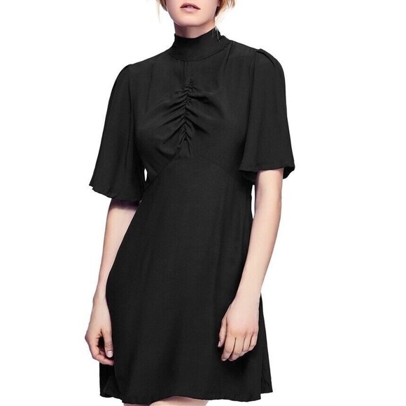 Free People Size 4 Black Be My Baby Ruched Mini Dress High Neck Button Back - Picture 1 of 7